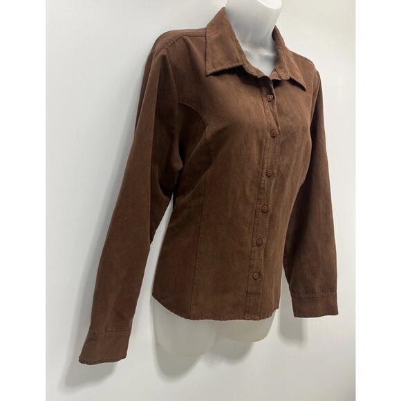 Lemon Grass Brown Rust Button Long Sleeve Faux Suede Shirt Sz XL - Picture 3 of 6
